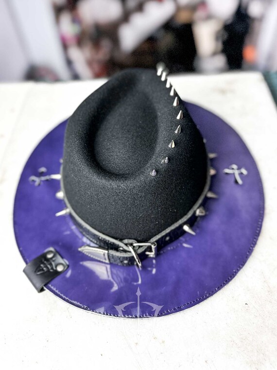 Black & Purple Fedora / Wide Brim Hat With Spikes, Inverted