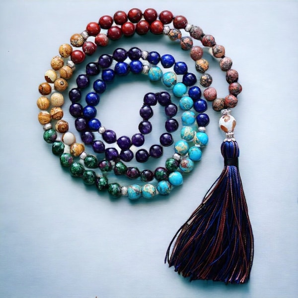 Collier Mala 108 perles, collier 7 chakras, collier de yoga, collier de méditation