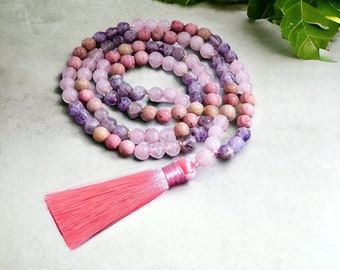 108 Beads Mala Necklace,7 Chakra Necklace, Yoga Necklace, Meditation Necklace ,Pink Tassel