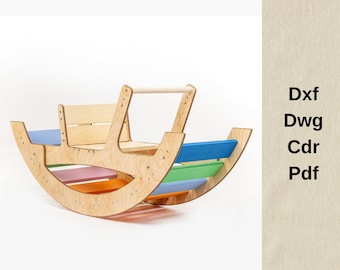 Könnte beinhalten: Schaukelpferd aus Holz mit natürlichem Finish und farbigen Akzenten. Das Spielzeug hat einen Sitz, einen Griff und gebogene Schaukeln. Die Basis hat blau, rosa, orange und grün lackierte Abschnitte. Der Text "Dxf Dwg Cdr Pdf" ist sichtbar.