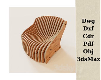 May include: A wooden chair made of plywood with a curved back and seat. The chair is made of multiple layers of plywood that are stacked and curved to create the shape.