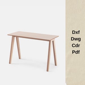May include: A light-colored wooden desk with a rectangular top and angled legs. The desk is made of light-colored wood and has a simple, minimalist design. The desk is approximately 48 inches long and 18 inches wide.