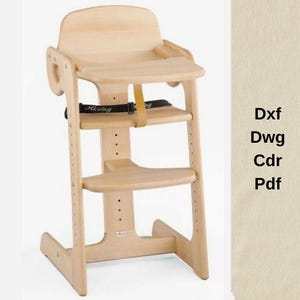 May include: A light-colored wooden high chair with a seat, footrest, and tray. The chair has a safety strap and the text "Hessing" on the strap. The chair is adjustable and has a sturdy base. The image also includes the text "Dxf, Dwg, Cdr, Pdf".