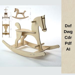 May include: Wooden rocking horse toy with a brown leather bridle. The horse is 47.5 inches tall and 70 inches long. The rocking base is made of wood and has a natural finish.