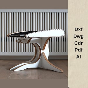 Puede incluir: Una mesa auxiliar moderna, en blanco y tonos madera, con un diseño curvo único. La mesa presenta una tapa negra con borde blanco y una base distintiva. El texto "Dxf, Dwg, Cdr, Pdf, Al" es visible a la derecha.