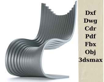 May include: A modern, gray, wavy chair made of stacked, curved slats. The chair is designed with a unique, flowing shape.