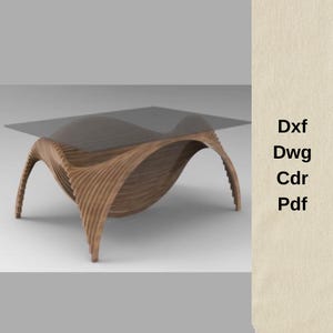 May include: A modern coffee table with a clear glass top and a unique, wave-like wooden base. The base is made of curved, vertical wooden slats. The table is set against a neutral background. Text on the right side of the image reads: Dxf, Dwg, Cdr, Pdf.