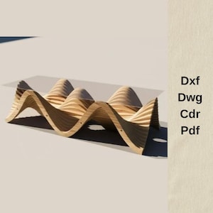 May include: A wooden bench with a wave-like design. The bench is made of light-colored wood and features a series of curved, undulating sections. The bench has a modern, minimalist aesthetic. The image also includes the text: Dxf, Dwg, Cdr, Pdf.