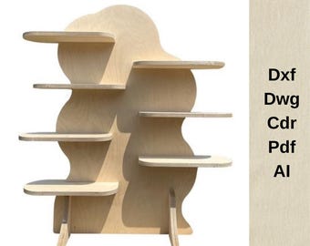May include: A wooden shelf unit with a unique, organic cloud-like shape. It has five shelves and is made of natural wood.