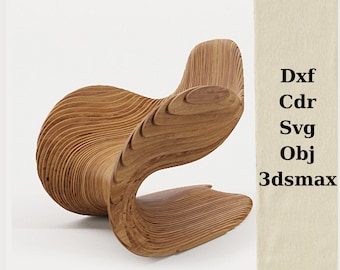 May include: A wooden chair with a unique, flowing design. The chair is made of layered wood and has a natural brown finish.
