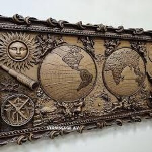 Puede incluir: Una detallada pieza de arte mural de madera marrón con un sol, una brújula, un telescopio y dos globos terráqueos. La pieza tiene un borde decorativo y probablemente es un artículo de decoración con temática de mapas.