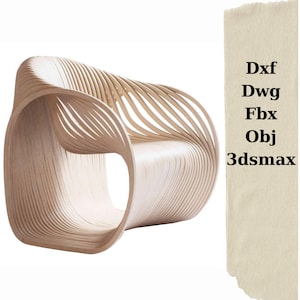 May include: A wooden chair with a unique, curved design. The chair is made of thin strips of wood that are woven together to create a flowing, organic shape.