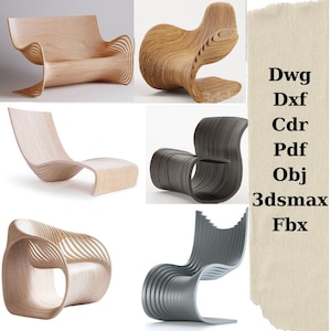 May include: Five different views of a modern, minimalist chair made of wood. The chair is available in natural wood, dark wood, and silver finishes. The chair has a unique, flowing design with curved lines.