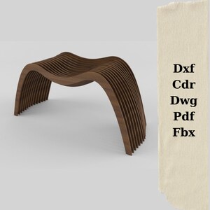 May include: A wooden stool with a curved, slatted design. The stool is made of dark brown wood and has a smooth, polished finish.