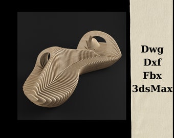 May include: A wooden bench with a unique, organic design. The bench is made of multiple layers of wood that are curved and layered to create a flowing, wave-like shape.