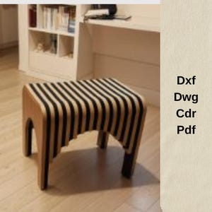 May include: A wooden stool with a seat featuring alternating black and natural wood stripes. The stool has four legs and an arched design on the sides. The text "Dxf, Dwg, Cdr, Pdf" is on the right side.