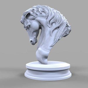 May include: A white horse head sculpture with a detailed mane and a curved neck. The sculpture is mounted on a circular base. The horse's head is tilted downward, showcasing its features.