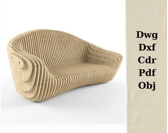 May include: A wooden sofa with a unique, curved design. The sofa is made of multiple layers of wood, creating a layered effect. The sofa is light brown in color.