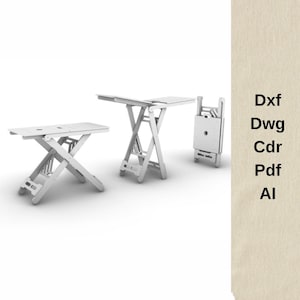 Puede incluir: Tres mesas plegables blancas en diferentes configuraciones: completamente montadas, parcialmente abiertas y plegadas. Las mesas tienen un diseño de patas en forma de X y tableros rectangulares. La imagen también incluye el texto "Dxf, Dwg, Cdr, Pdf, Al."