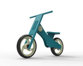 Könnte beinhalten: Ein blaues, hölzernes Laufrad mit einem weißen Sattel und weißen Reifen. Das Fahrrad hat ein einzigartiges Design mit einem geschwungenen Rahmen und einem einzigen Vorderrad.