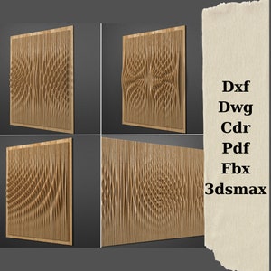 May include: Four wooden wall panels with carved, flowing designs. The panels are a light brown color and have a textured, three-dimensional appearance. The image also includes a list of file formats: Dxf, Dwg, Cdr, Pdf, Fbx, and 3dsmax.