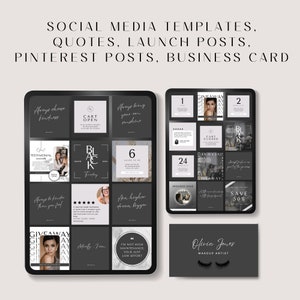 Peut inclure: Un ensemble de mod&egrave;les de m&eacute;dias sociaux pour une maquilleuse. Les mod&egrave;les pr&eacute;sentent un sch&eacute;ma de couleurs noir et blanc avec une vari&eacute;t&eacute; de citations et de graphiques. Les mod&egrave;les sont con&ccedil;us pour &ecirc;tre utilis&eacute;s sur Instagram, Pinterest et d'autres plateformes de m&eacute;dias sociaux. Les mod&egrave;les incluent une carte de visite avec le texte "Olivia Jones Maquilleuse".