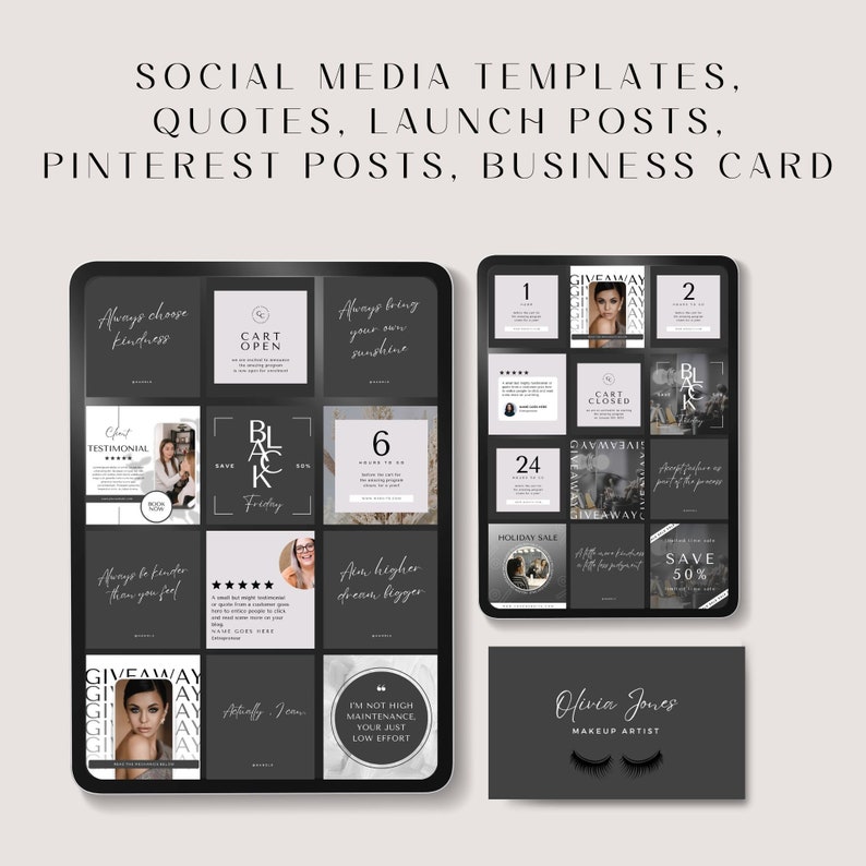 Peut inclure: Un ensemble de mod&egrave;les de m&eacute;dias sociaux pour une maquilleuse. Les mod&egrave;les pr&eacute;sentent un sch&eacute;ma de couleurs noir et blanc avec une vari&eacute;t&eacute; de citations et de graphiques. Les mod&egrave;les sont con&ccedil;us pour &ecirc;tre utilis&eacute;s sur Instagram, Pinterest et d'autres plateformes de m&eacute;dias sociaux. Les mod&egrave;les incluent une carte de visite avec le texte "Olivia Jones Maquilleuse".
