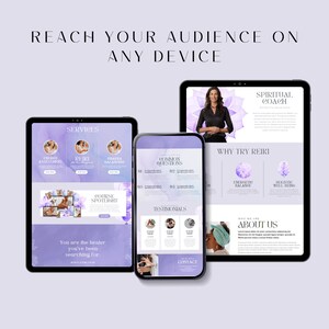 Pu&ograve; includere: Un mockup di un sito web visualizzato su un tablet, un telefono e un computer desktop. Il sito web &egrave; per un coach spirituale e presenta uno schema di colori viola e bianco con motivi floreali. Il sito web include sezioni per servizi, domande frequenti, testimonianze e informazioni di contatto. Il testo sul sito web include le parole "Coach spirituale", "Perch&eacute; provare il Reiki", "Equilibrio energetico", "Benessere olistico", "Chi siamo", "Informazioni su di noi", "Servizi", "Domande frequenti", "Testimonianze" e "Contatti".
