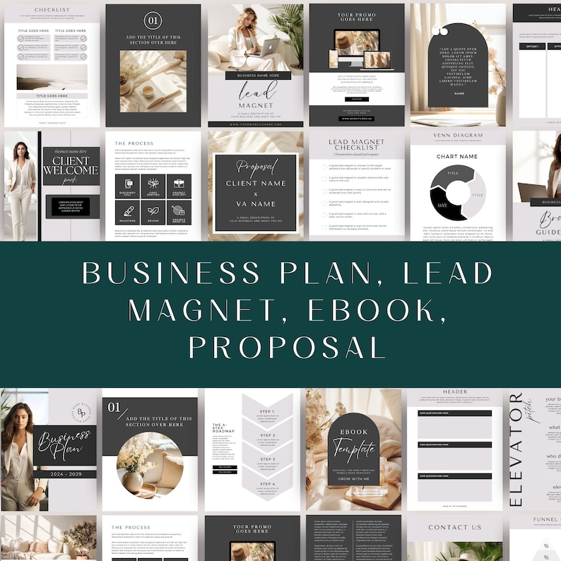 Peut inclure: Un collage d'images pr&eacute;sentant des mod&egrave;les de plan d'affaires, d'aimant &agrave; prospects, de livre &eacute;lectronique et de proposition. Les images pr&eacute;sentent une vari&eacute;t&eacute; d'&eacute;l&eacute;ments de conception, notamment des listes de contr&ocirc;le, des graphiques et des diagrammes. Le texte "Business Plan, Lead Magnet, Ebook, Proposal" est affich&eacute; en &eacute;vidence au centre du collage.