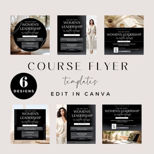 May include: Six black and white social media templates for a women's leadership masterclass. The templates feature a black background with white text and a photo of a woman in a white blazer. The text includes the words "Rise and Thrive", "Women's Leadership Masterclass", and "By Your Host".