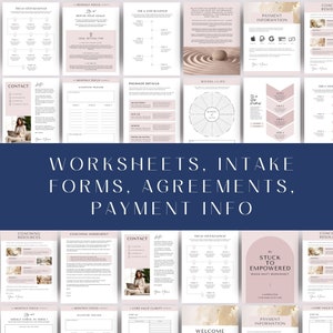 May include: A collection of worksheets, forms, and agreements for a coaching program. The documents are in a pink and white color scheme with gold accents. The text includes "Coaching Resources", "Coaching Agreement", "Contact", "Monthly Focus", "Milestone Tracker", "Core Value Clarity", "The 10 Step Roadmap", "Wheel of Life", "Stuck to Empowered Mood Shift Worksheet", "Payment Information", and "Welcome".