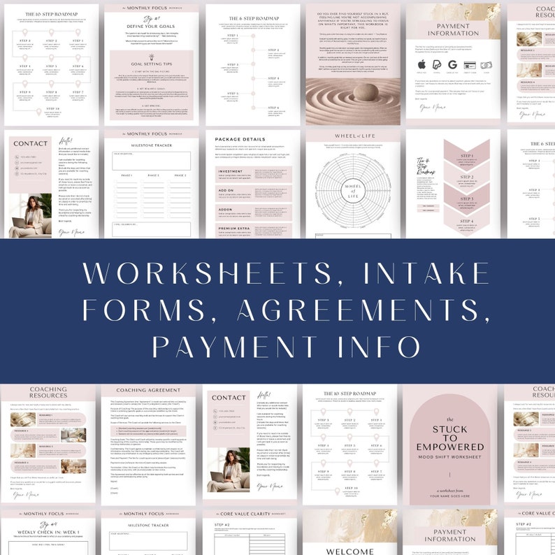 May include: A collection of worksheets, forms, and agreements for a coaching program. The documents are in a pink and white color scheme with gold accents. The text includes "Coaching Resources", "Coaching Agreement", "Contact", "Monthly Focus", "Milestone Tracker", "Core Value Clarity", "The 10 Step Roadmap", "Wheel of Life", "Stuck to Empowered Mood Shift Worksheet", "Payment Information", and "Welcome".