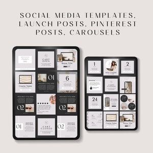 May include: A digital mockup of a social media template for a course launch. The template includes a variety of images, text, and graphics, including a laptop, a woman's face, and a cart icon. The text on the template includes the words "New Course", "Cart Open", "Cart Closed", and "Bonus Title".