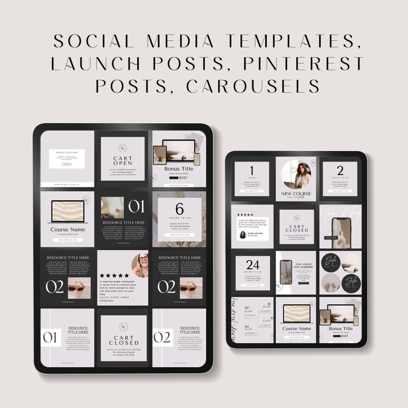 May include: A digital mockup of a social media template for a course launch. The template includes a variety of images, text, and graphics, including a laptop, a woman's face, and a cart icon. The text on the template includes the words "New Course", "Cart Open", "Cart Closed", and "Bonus Title".