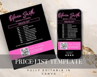Canva Preisliste Vorlage QR Code Schönheitssalon, druckbare Preisliste Haare, Scan to Pay, Buchung Canva Vorlage, Preisliste, Dienstleistungen