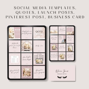 May include: A collection of social media templates for quotes, launch posts, Pinterest posts, and business cards. The templates feature a pink and white color scheme with gold accents. The text includes quotes such as "Act like the person you want to become" and "Always be a work in progress".