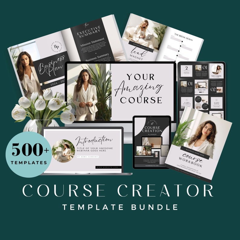 May include: A digital product bundle for course creators, featuring over 500 templates. The bundle includes a course creation planner, a workbook, and a lead magnet. The image also shows a business plan, an introduction slide, and a course outline.