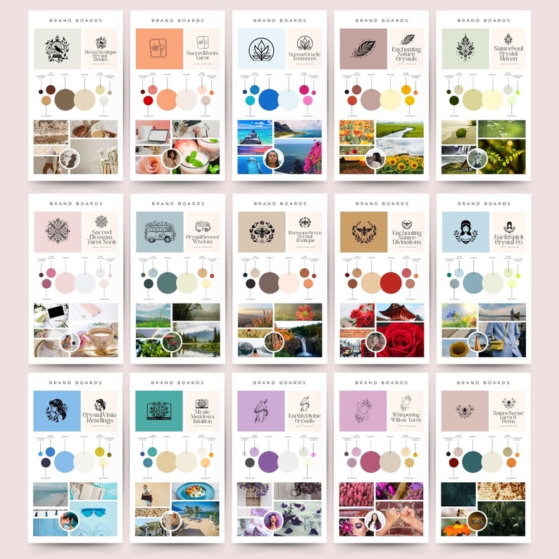 Op de afbeelding: Een verzameling van 20 merkboards met verschillende logo's, kleurenpaletten en moodboards. De logo's bevatten natuur-ge&iuml;nspireerde ontwerpen, zoals bloemen, kristallen en veren. De kleurenpaletten zijn voornamelijk aardse tinten, met enkele accenten in roze en blauw. De moodboards bevatten afbeeldingen van de natuur, kristallen en andere items die een gevoel van rust en sereniteit oproepen.