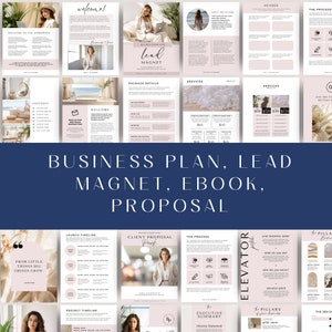 May include: A pink and white business plan template with text that reads "Business Plan, Lead Magnet, Ebook, Proposal". The template includes sections for a launch timeline, client proposal, the process, executive summary, and more.