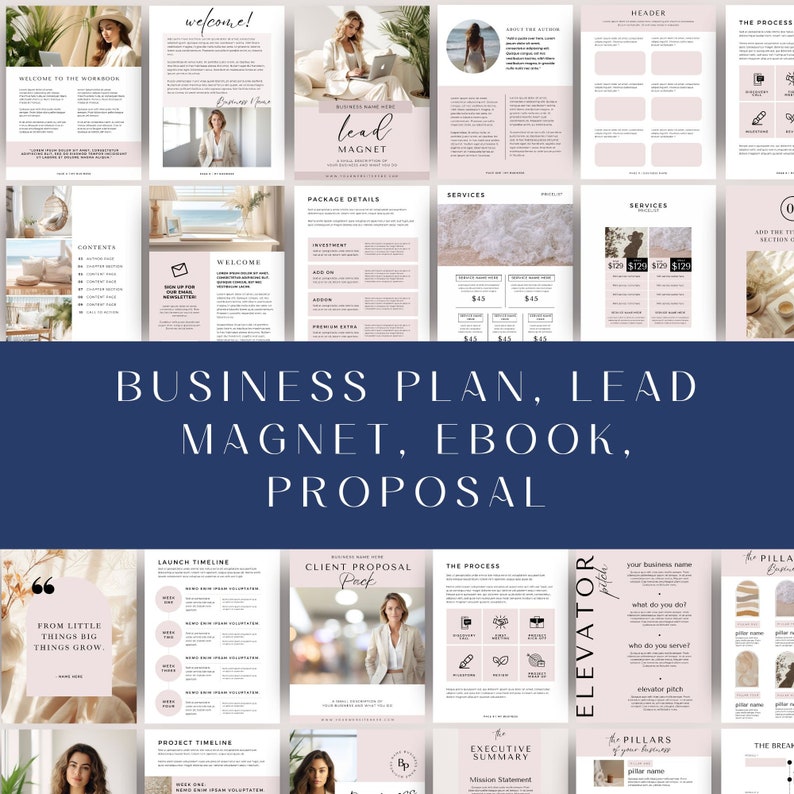 May include: A pink and white business plan template with text that reads "Business Plan, Lead Magnet, Ebook, Proposal". The template includes sections for a launch timeline, client proposal, the process, executive summary, and more.