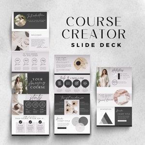 Puede incluir: Una plantilla de presentación digital titulada "Course Creator". El diseño presenta una estética limpia y moderna con una combinación de colores en escala de grises y una tipografía elegante. Las diapositivas incluyen secciones para introducciones, estudios de casos y estadísticas.