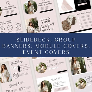 May include: A collection of pink and white digital templates for online courses, webinars, and events. The templates feature a woman in a beige blazer, a laptop, and a plant. The text "Build Your Amazing Brand" is featured on one of the templates.