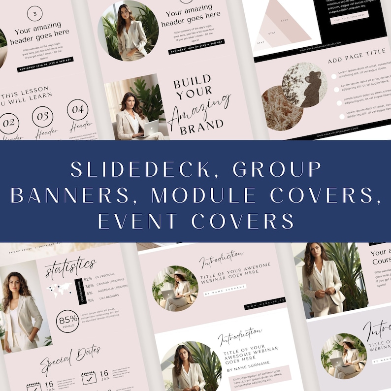 May include: A collection of pink and white digital templates for online courses, webinars, and events. The templates feature a woman in a beige blazer, a laptop, and a plant. The text "Build Your Amazing Brand" is featured on one of the templates.