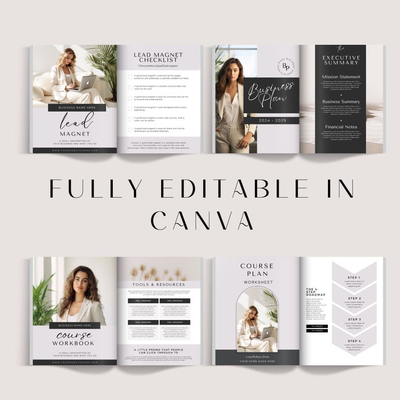May include: A set of five printable digital planner pages for business owners. The pages include a lead magnet checklist, a business plan template, an executive summary, a course workbook, and a course plan worksheet. The pages are designed in a minimalist style with a neutral color palette and feature a woman in each page.