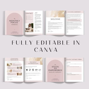 May include: A set of printable coaching resources for business owners. The pages include a coaching agreement, client intake form, welcome page, contact page, payment information, coaching resources, and a mood shift worksheet. The pages are designed in a pink and gold color scheme with a modern aesthetic.