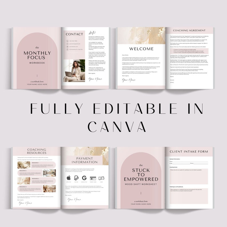 May include: A set of printable coaching resources for business owners. The pages include a coaching agreement, client intake form, welcome page, contact page, payment information, coaching resources, and a mood shift worksheet. The pages are designed in a pink and gold color scheme with a modern aesthetic.