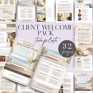 May include: A 32-page client welcome pack template with a neutral color scheme. The template includes sections for tools and resources, a small description of your business, a little promo that people can click through to, and a meet the team section. The template is designed to help you welcome new clients and provide them with valuable information about your business.