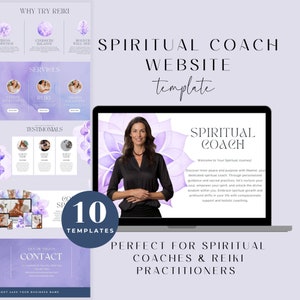 Könnte beinhalten: Ein Laptop-Bildschirm zeigt eine Website-Vorlage für spirituelle Coaches und Reiki-Praktizierende. Die Website verfügt über ein lila-weißes Blumenmuster mit dem Text "Spiritual Coach" und "Willkommen auf Ihrer spirituellen Reise!" Die Website-Vorlage ist Teil eines Sets mit 10 Vorlagen.
