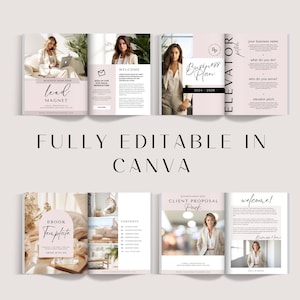 May include: A set of four printable templates for a business plan, lead magnet, ebook, and client proposal pack. The templates feature a pink and white color scheme with a modern, minimalist design. Each template includes a photo of a woman and text boxes for adding your own information.