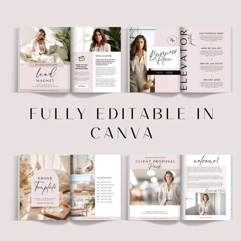 May include: A set of four printable templates for a business plan, lead magnet, ebook, and client proposal pack. The templates feature a pink and white color scheme with a modern, minimalist design. Each template includes a photo of a woman and text boxes for adding your own information.